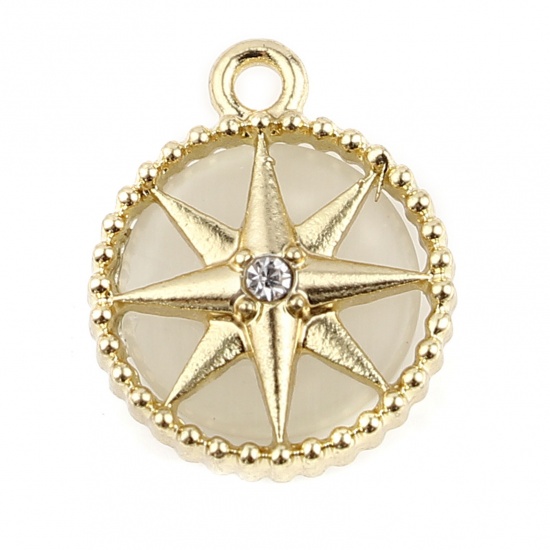 Picture of Zinc Based Alloy & Acrylic Galaxy Charms Round Gold Plated Beige Star Clear Rhinestone 15mm x 12mm, 10 PCs
