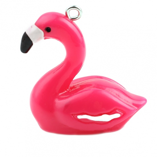 Picture of Resin Pendants Swan Animal Silver Tone Hot Pink 32mm x 27mm - 29mm x 27mm, 10 PCs