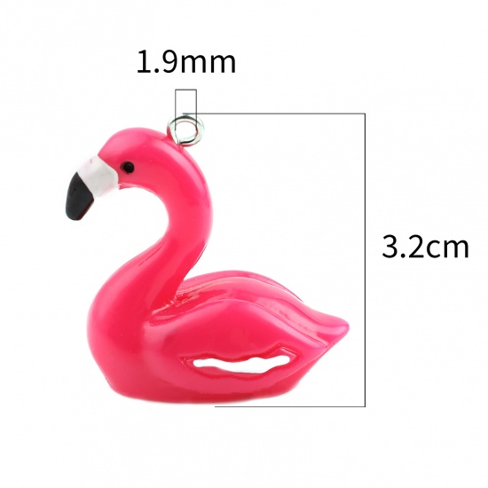 Picture of Resin Pendants Swan Animal Silver Tone Hot Pink 32mm x 27mm - 29mm x 27mm, 10 PCs