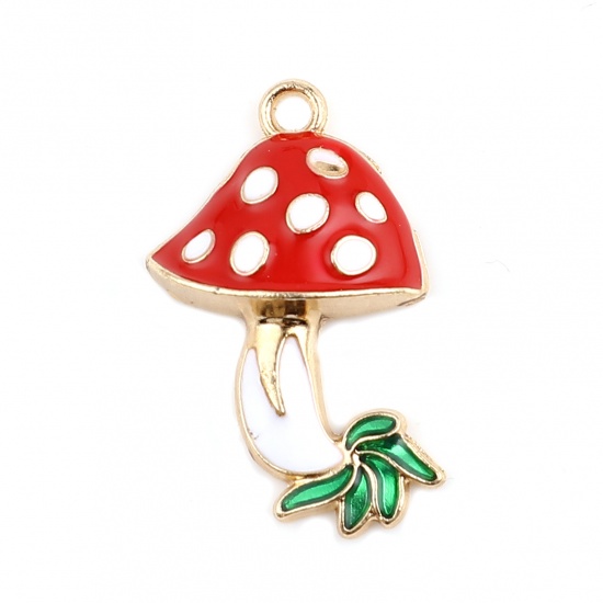Picture of Zinc Based Alloy Charms Mushroom Gold Plated White & Red Enamel 26mm x 16mm, 10 PCs