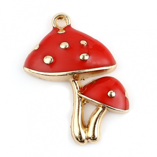 Picture of Zinc Based Alloy Charms Mushroom Gold Plated Red Enamel 27mm x 20mm, 10 PCs