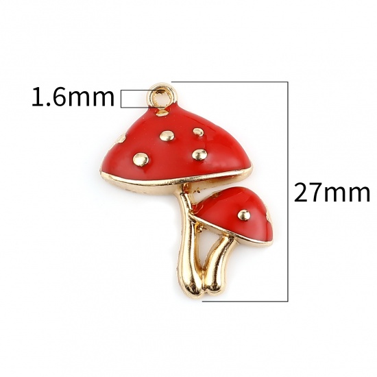 Picture of Zinc Based Alloy Charms Mushroom Gold Plated Red Enamel 27mm x 20mm, 10 PCs
