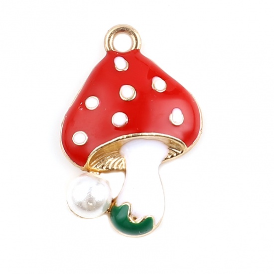 Picture of Zinc Based Alloy & Acrylic Charms Mushroom Gold Plated White & Red Imitation Pearl 23mm x 16mm, 10 PCs
