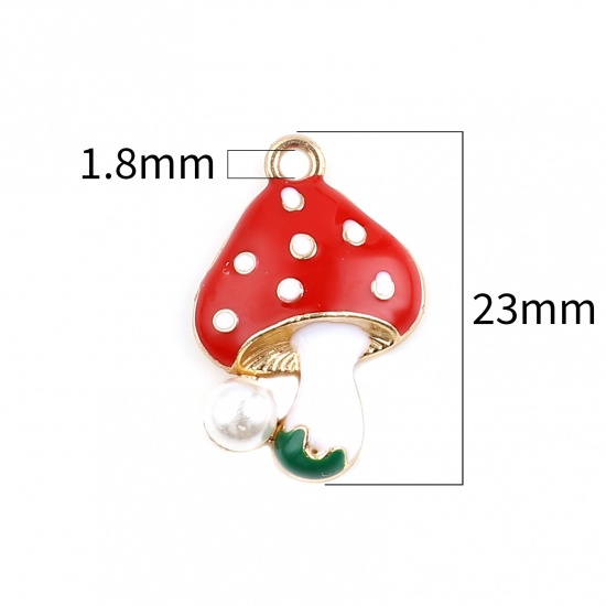 Picture of Zinc Based Alloy & Acrylic Charms Mushroom Gold Plated White & Red Imitation Pearl 23mm x 16mm, 10 PCs