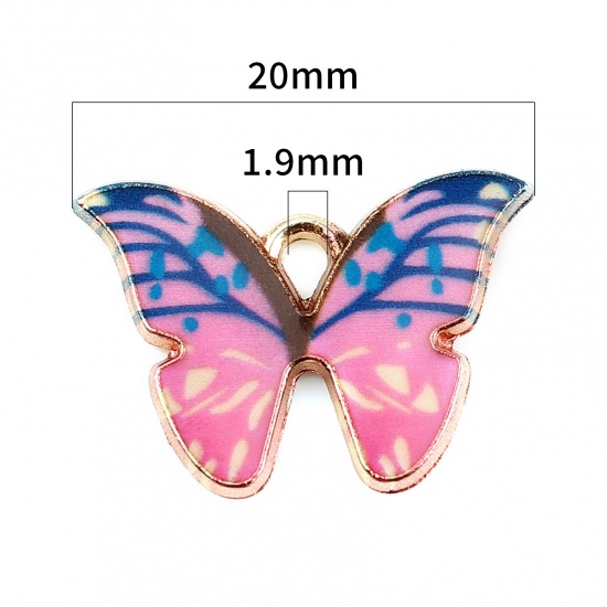 Picture of Zinc Based Alloy Insect Charms Butterfly Animal Gold Plated Blue & Pink Enamel 22mm x 15mm, 10 PCs
