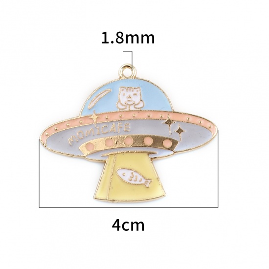 Picture of Zinc Based Alloy Galaxy Pendants Planet Gold Plated Multicolor Cat Enamel 40mm x 31mm, 5 PCs