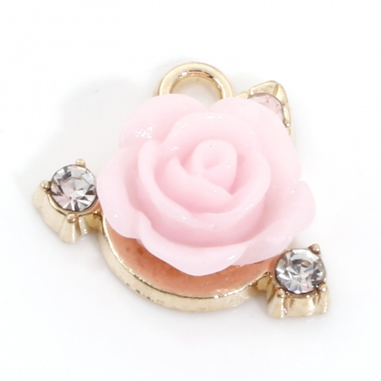 Picture of Zinc Metal Alloy Charms Rose Flower Gold Plated Pink Resin Clear Rhinestone 15mm( 5/8") x 13mm( 4/8"), 10 PCs