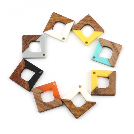 Picture of Resin & Wood Wood Effect Resin Charms Rhombus At Random Color 27mm x 24mm, 5 PCs