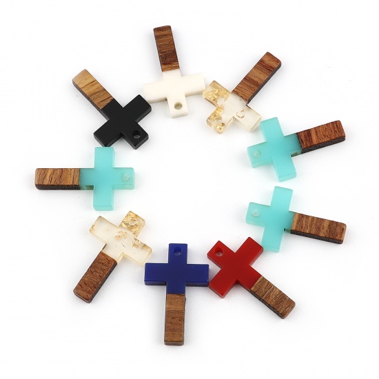 Picture of Resin & Wood Wood Effect Resin Charms Cross At Random Color 25mm x 16mm, 5 PCs