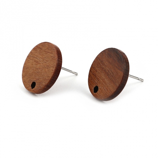 Picture of Wood Ear Post Stud Earrings Findings Round Dark Coffee W/ Loop 15mm Dia., Post/ Wire Size: (21 gauge), 10 PCs