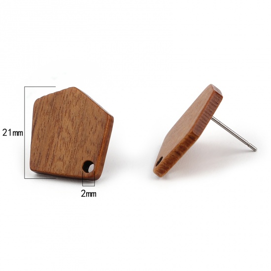 Picture of Wood Ear Post Stud Earrings Findings Polygon Dark Coffee W/ Loop 21mm x 19mm, Post/ Wire Size: (21 gauge), 10 PCs
