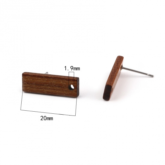 Picture of Wood Ear Post Stud Earrings Findings Rectangle Dark Coffee W/ Loop 20mm x 7mm, Post/ Wire Size: (21 gauge), 10 PCs