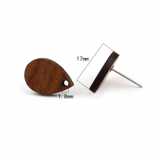 Picture of Wood Ear Post Stud Earrings Findings Drop Dark Coffee W/ Loop 17mm x 11mm, Post/ Wire Size: (21 gauge), 10 PCs