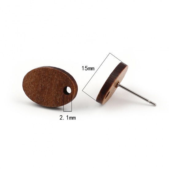 Picture of Wood Ear Post Stud Earrings Findings Oval Dark Coffee W/ Loop 15mm x 11mm, Post/ Wire Size: (21 gauge), 10 PCs