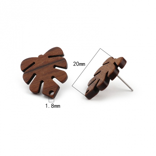 Picture of Wood Ear Post Stud Earrings Findings Monstera Dark Coffee W/ Loop 20mm x 18mm, Post/ Wire Size: (21 gauge), 10 PCs