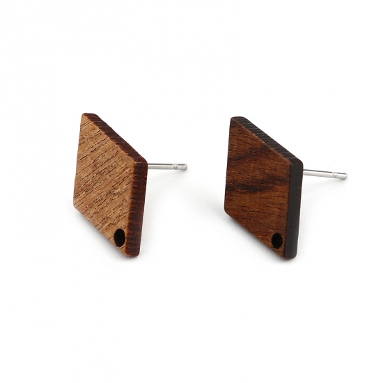Picture of Wood Ear Post Stud Earrings Findings Rhombus Dark Coffee W/ Loop 18mm x 12mm, Post/ Wire Size: (21 gauge), 10 PCs