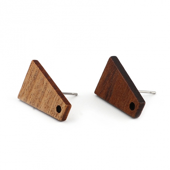 Picture of Wood Ear Post Stud Earrings Findings Trapezoid Dark Coffee W/ Loop 18mm x 13mm, Post/ Wire Size: (21 gauge), 10 PCs