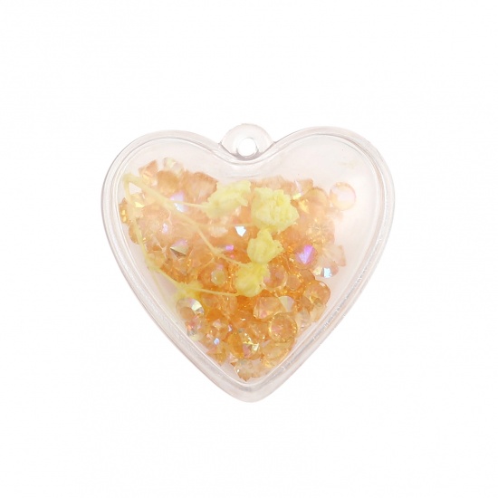 Picture of Resin Pendants Heart Dried Flower Transparent Clear Orange Rhinestone 30mm x 29mm, 5 PCs