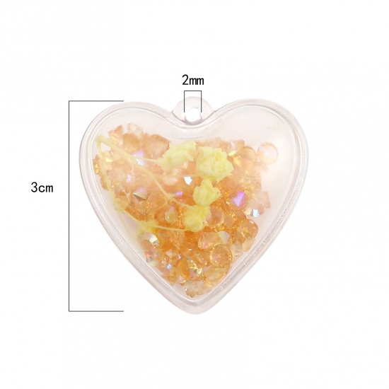 Picture of Resin Pendants Heart Dried Flower Transparent Clear Orange Rhinestone 30mm x 29mm, 5 PCs