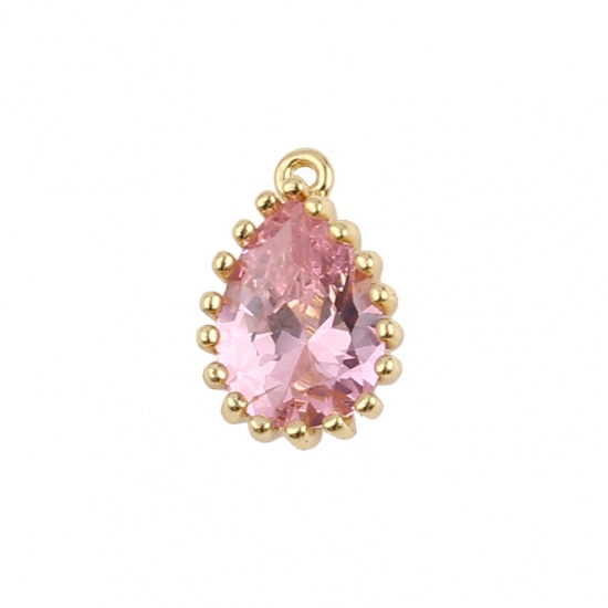 Picture of Zinc Based Alloy & Acrylic Charms Drop Gold Plated Pink Rhinestone 11mm x 7mm, 1 Piece