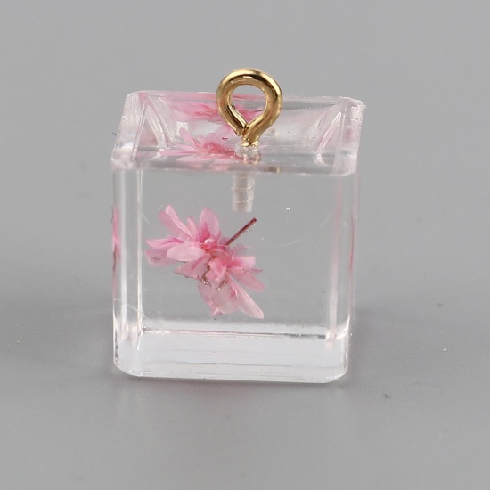 Picture of Resin Charms Square Dried Flower Gold Plated Light Pink 17mm x 14mm, 5 PCs