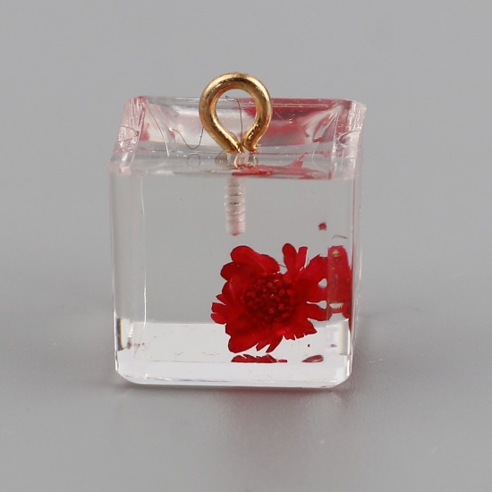 Picture of Resin Charms Square Dried Flower Gold Plated Red 17mm x 14mm, 5 PCs
