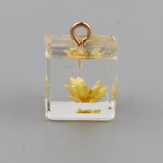 Picture of Resin Charms Square Dried Flower Gold Plated Golden Yellow 17mm x 14mm, 5 PCs