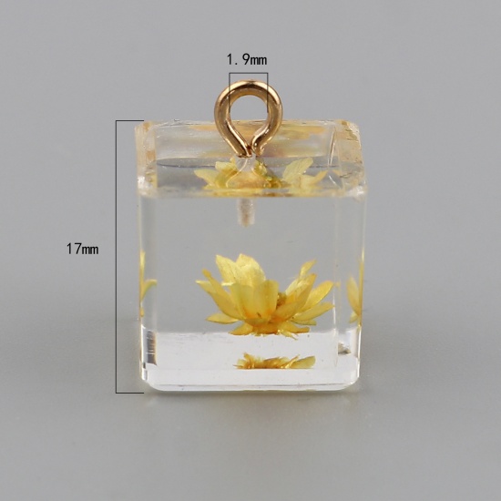 Picture of Resin Charms Square Dried Flower Gold Plated Golden Yellow 17mm x 14mm, 5 PCs