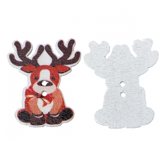 Picture of Wood Sewing Buttons Scrapbooking 2 Holes Christmas Reindeer Multicolor 35mm(1 3/8") x 29mm(1 1/8"), 50 PCs