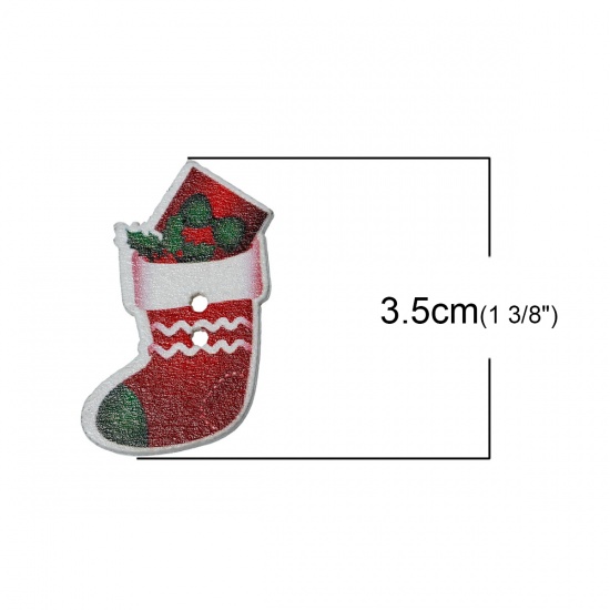 Picture of Wood Sewing Buttons Scrapbooking 2 Holes Christmas Stocking Red & Green 35mm(1 3/8") x 23mm( 7/8"), 50 PCs