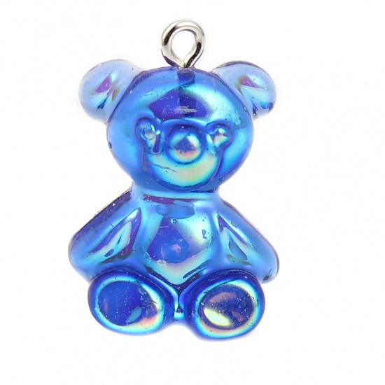 Picture of Resin Charms Bear Animal Royal Blue AB Rainbow Color Plating 25mm x 18mm, 10 PCs
