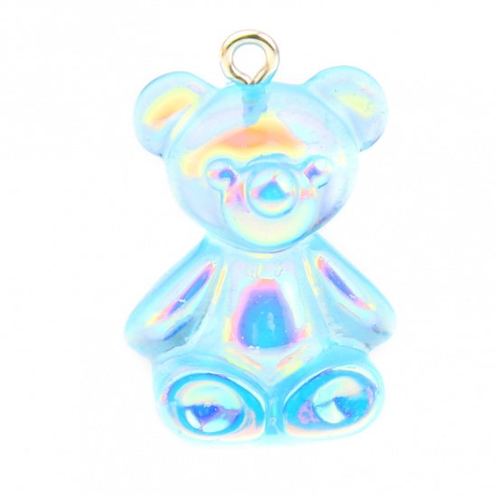 Picture of Resin Charms Bear Animal Skyblue AB Rainbow Color Plating 25mm x 18mm, 10 PCs