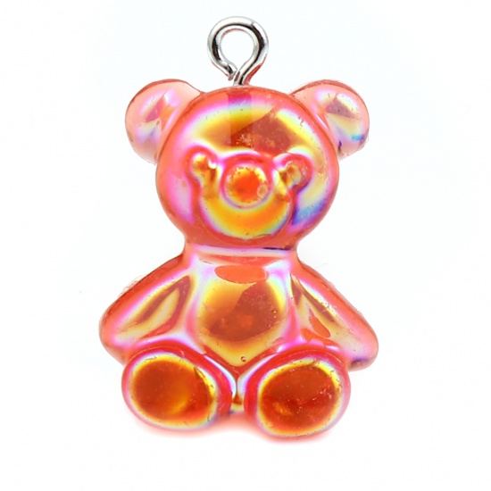 Picture of Resin Charms Bear Animal Red AB Rainbow Color Plating 25mm x 18mm, 10 PCs