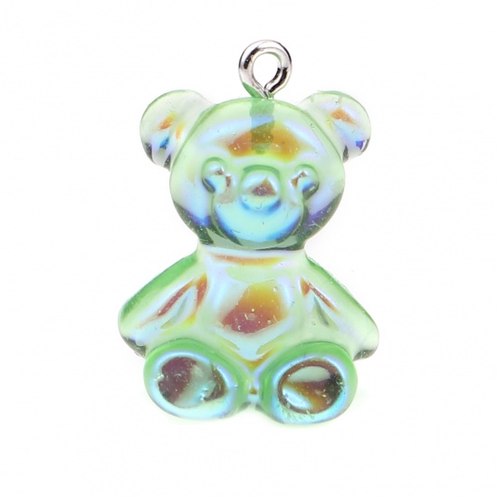 Picture of Resin Charms Bear Animal Green AB Rainbow Color Plating 25mm x 18mm, 10 PCs