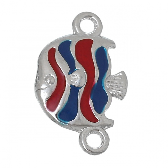 Image de Bijoux d'Océan Connecteurs de Bijoux en Alliage de Zinc Animal Poisson Tropicale Rouge & Bleu Email Argent Mat 24mm x 15mm, 10 Pcs