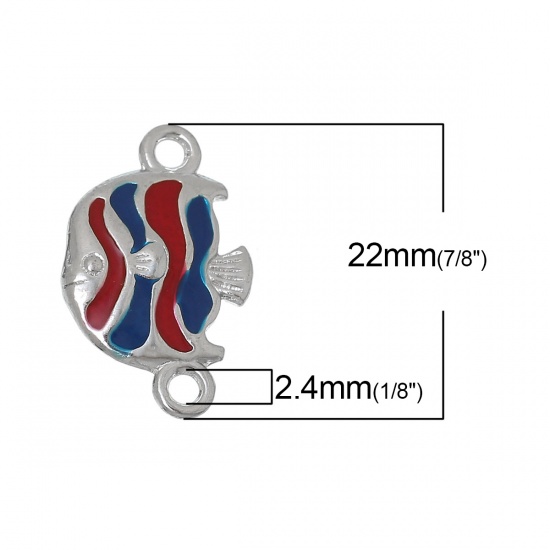 Image de Bijoux d'Océan Connecteurs de Bijoux en Alliage de Zinc Animal Poisson Tropicale Rouge & Bleu Email Argent Mat 24mm x 15mm, 10 Pcs