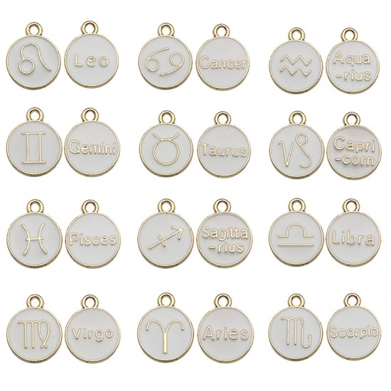 Picture of Zinc Based Alloy Charms Round Gold Plated White Constellation Enamel 12mm Dia., 1 Set ( 12 PCs/Set)