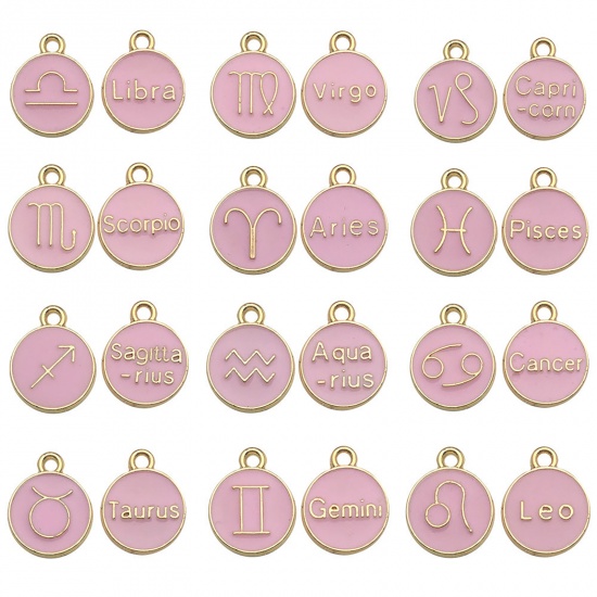 Picture of Zinc Based Alloy Charms Round Gold Plated Pink Constellation Enamel 12mm Dia., 1 Set ( 12 PCs/Set)