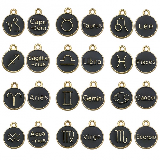 Picture of Zinc Based Alloy Charms Round Gold Plated Black Constellation Enamel 12mm Dia., 1 Set ( 12 PCs/Set)