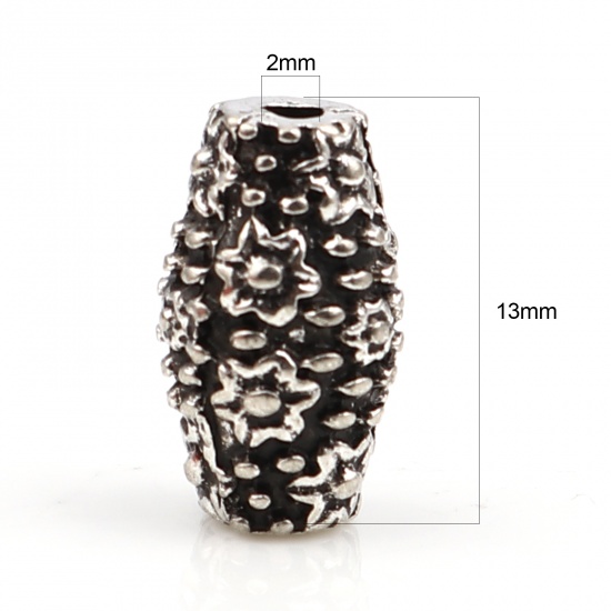 Picture of Zinc Based Alloy Spacer Beads Barrel Antique Silver Color Flower About 13mm x 8mm, Hole: Approx 2mm, 10 PCs