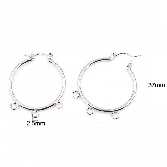 Picture of Zinc Based Alloy Hoop Earrings Findings Circle Ring Silver Tone W/ Loop 37mm x 30mm, Post/ Wire Size: (21 gauge), 2 PCs