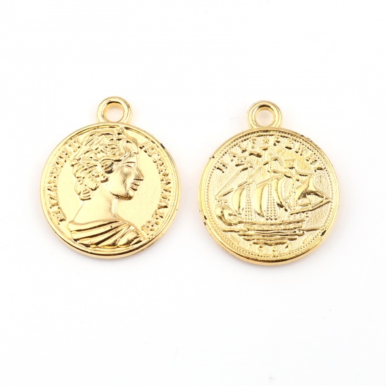 Picture of Acrylic Charms Coin Human Head Golden Sailing Boat 28mm x 24mm, 30 PCs