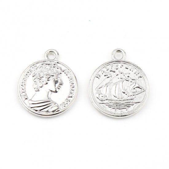 Picture of Acrylic Charms Coin Human Head Silver Color Sailing Boat 28mm x 24mm, 30 PCs