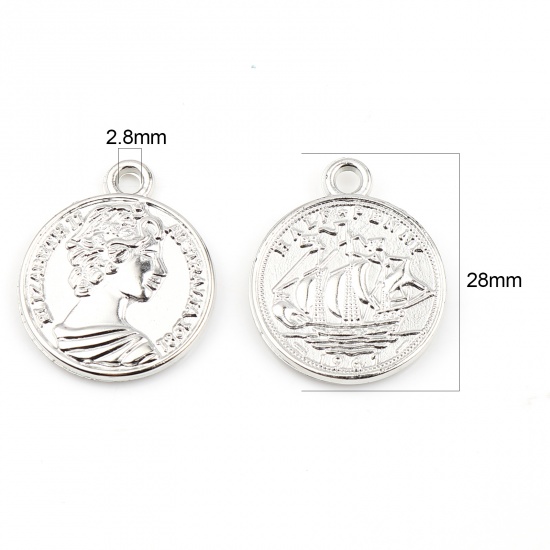 Picture of Acrylic Charms Coin Human Head Silver Color Sailing Boat 28mm x 24mm, 30 PCs