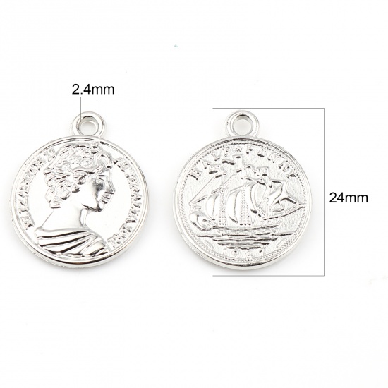 Picture of Acrylic Charms Coin Human Head Silver Color Sailing Boat 24mm x 20mm, 100 PCs