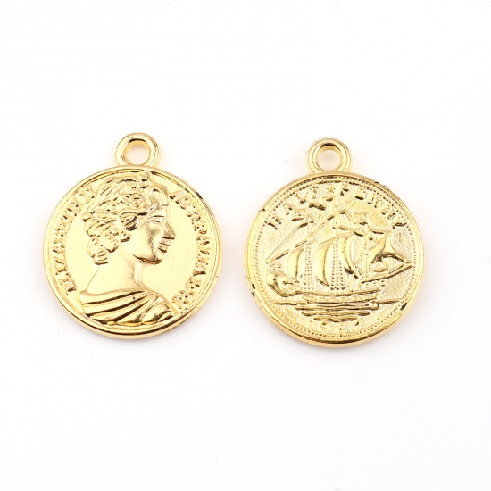 Picture of Acrylic Charms Coin Human Head Golden Sailing Boat 20mm x 16mm, 100 PCs