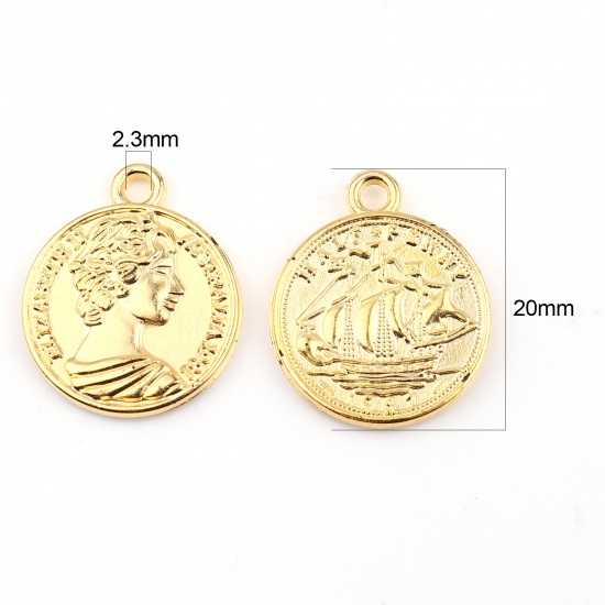 Picture of Acrylic Charms Coin Human Head Golden Sailing Boat 20mm x 16mm, 100 PCs
