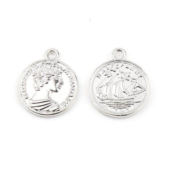 Picture of Acrylic Charms Coin Human Head Silver Color Sailing Boat 20mm x 16mm, 100 PCs