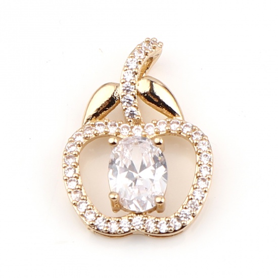 Image de Breloques Micro Pave en Laiton+Verre Pomme Doré à Strass Transparent 21mm x 15mm, 2 Pcs