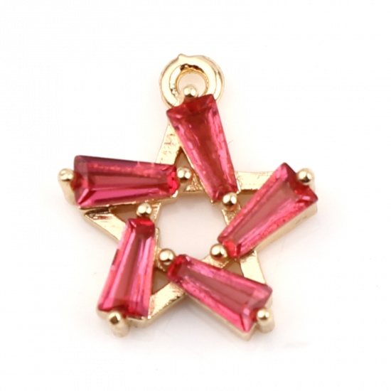 Picture of Brass & Glass Galaxy Charms Gold Plated Hot Pink Star 14mm x 12mm, 3 PCs                                                                                                                                                                                      